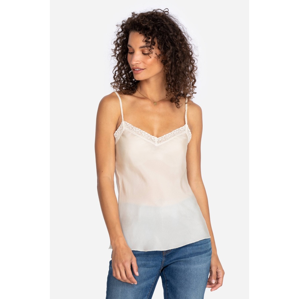 NEW Johnny Was Short Slip Ecru Silk Habutai Lace Trim Cami Top Spaghetti Strap